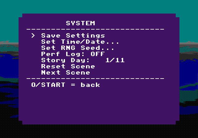 Captured PS1 screenshot of the System screen. Save settings, set time/date, set RNG seed, cycle perf logging, reset current scene, or advance to the next scene.
