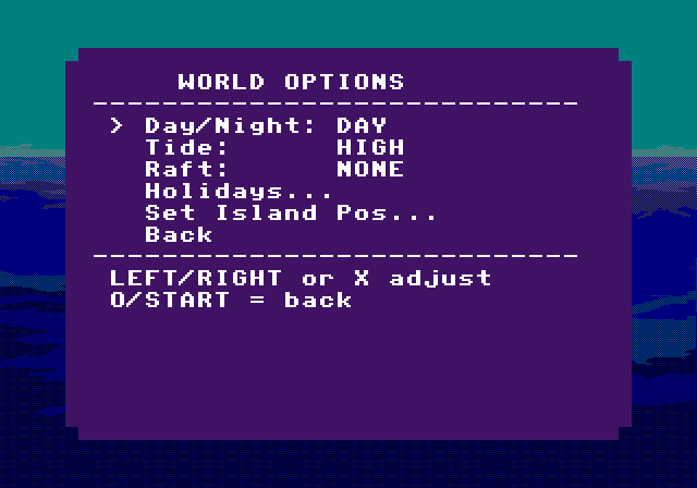 Captured PS1 screenshot of the World Options screen. Visual state controls: day or night, tide, raft stage, holiday selector, island-position editor, and Back.