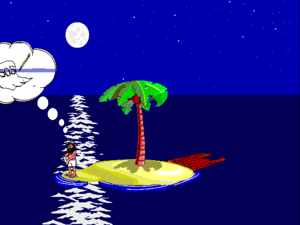JOHNNY 2 on PS1 at night: Johnny stands on the left shoreline holding a bottle, a thought bubble above him showing a sheet of paper labelled SOS.