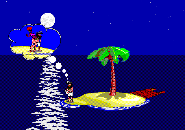 JOHNNY 3 on PS1 at night: Johnny stands on the left side of the island writing a letter, a thought bubble above him showing him and Suzy embracing on a beach.