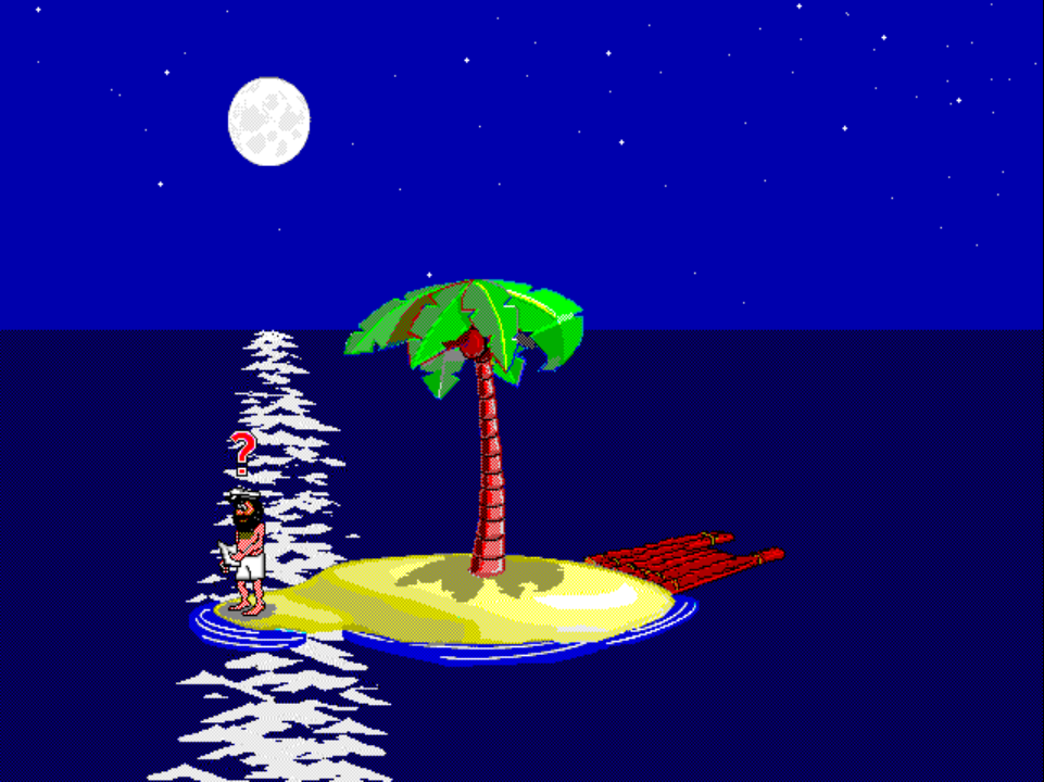 JOHNNY 4 on PS1 at night: Johnny stands on the left shoreline holding the bottle that just washed back, a red question-mark hovering above his head.