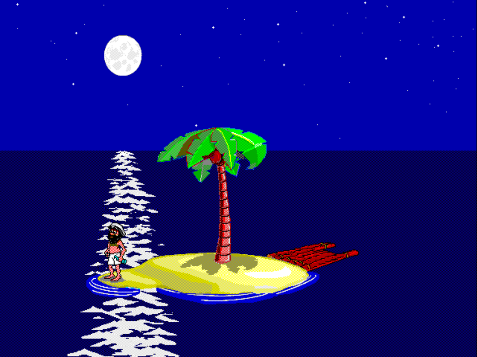 JOHNNY 5 on PS1 at night: Johnny stands on the left shoreline holding the bottle he is about to throw out, the SOS message already corked inside.