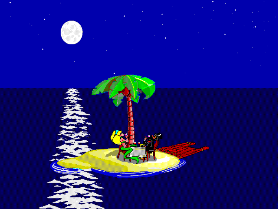 MARY 1 on PS1 at night: Johnny and Mary the mermaid sit together at a small table under the palm tree on the island, mid-dinner-date, the moon overhead and the raft beside them.