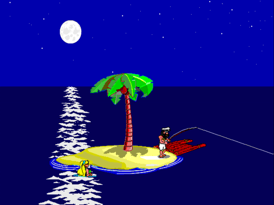 MARY 2 on PS1 at night: Johnny stands on his raft fishing with the rod arched out over the water while Mary the mermaid surfaces near the shoreline.