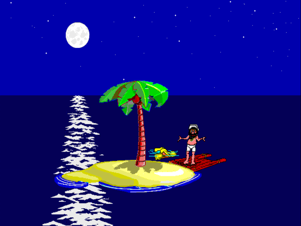 MARY 4 running on PS1: Johnny working on his raft on the island while Mary the mermaid watches from the water with a heartbroken expression.
