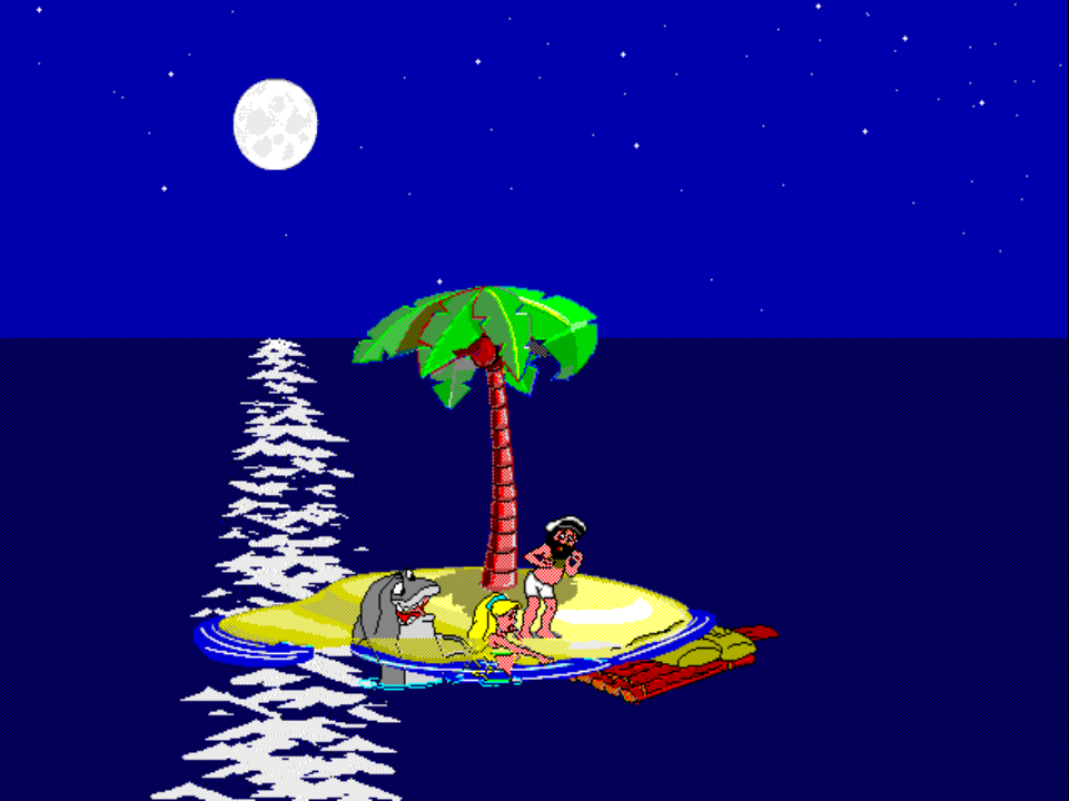 MARY 5 on PS1 at night: Johnny stands on the island holding Mary the mermaid in a goodbye embrace, the scene's packed raft sitting ready on the right side of the island, the moon overhead.