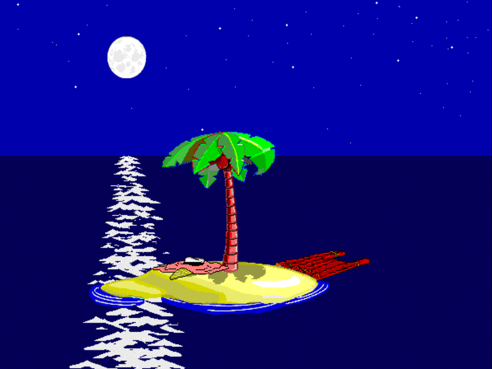 MISCGAG 1 on PS1 at night: Johnny lies flat on the sand under the palm tree, melted into a puddle by the heat.