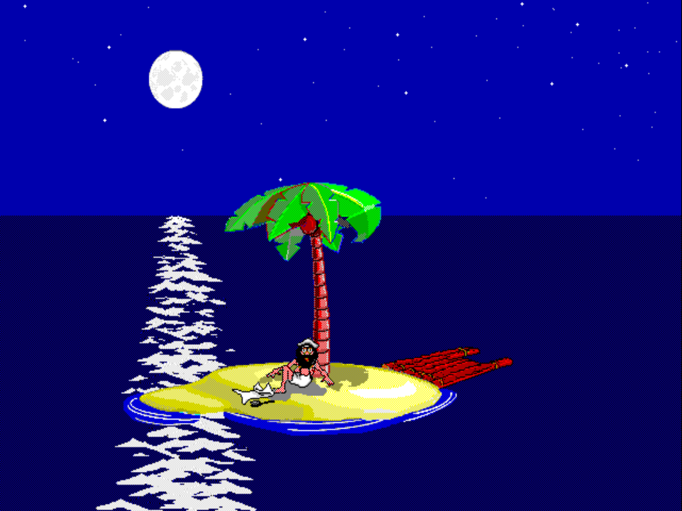 MISCGAG 2 on PS1 at night: Johnny stands under the palm tree with a small white towel spread on the sand next to him, set up for a bath that the shark will interrupt.