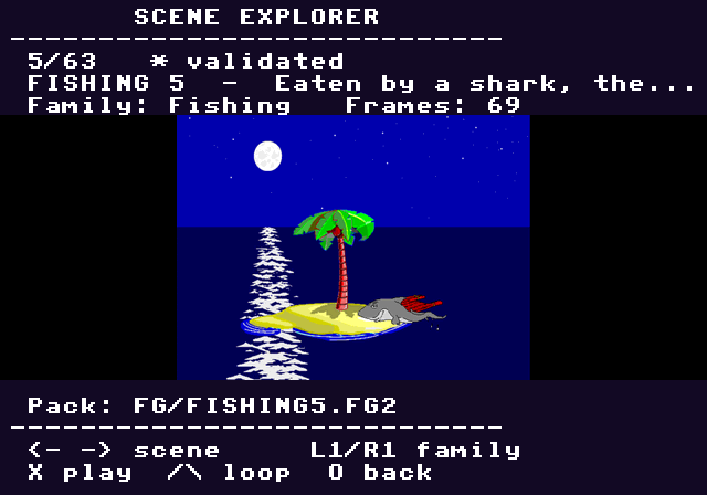 Scene Explorer on PS1: top band reads SCENE EXPLORER, then cursor position 5/63 with a validated marker, then FISHING 5 — Eaten by a shark, then Family Fishing with 69 frames; the captured-on-PS1 thumbnail of FISHING 5 (shark on the right side of the island chewing Johnny) sits in the middle; bottom band reads Pack FG/FISHING5.FG2 with navigation hints LEFT/RIGHT scene, L1/R1 family, X play, Triangle loop, O back.