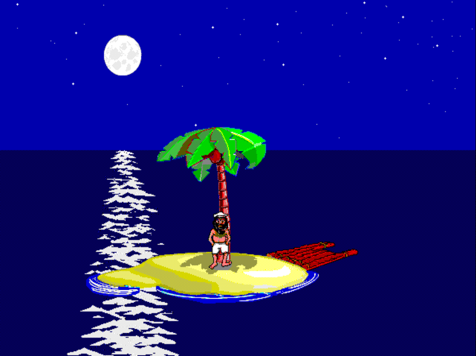 STAND 12 on PS1 at night: Johnny stands at the center of the island under the palm tree, looking forward and adjusting his hat.
