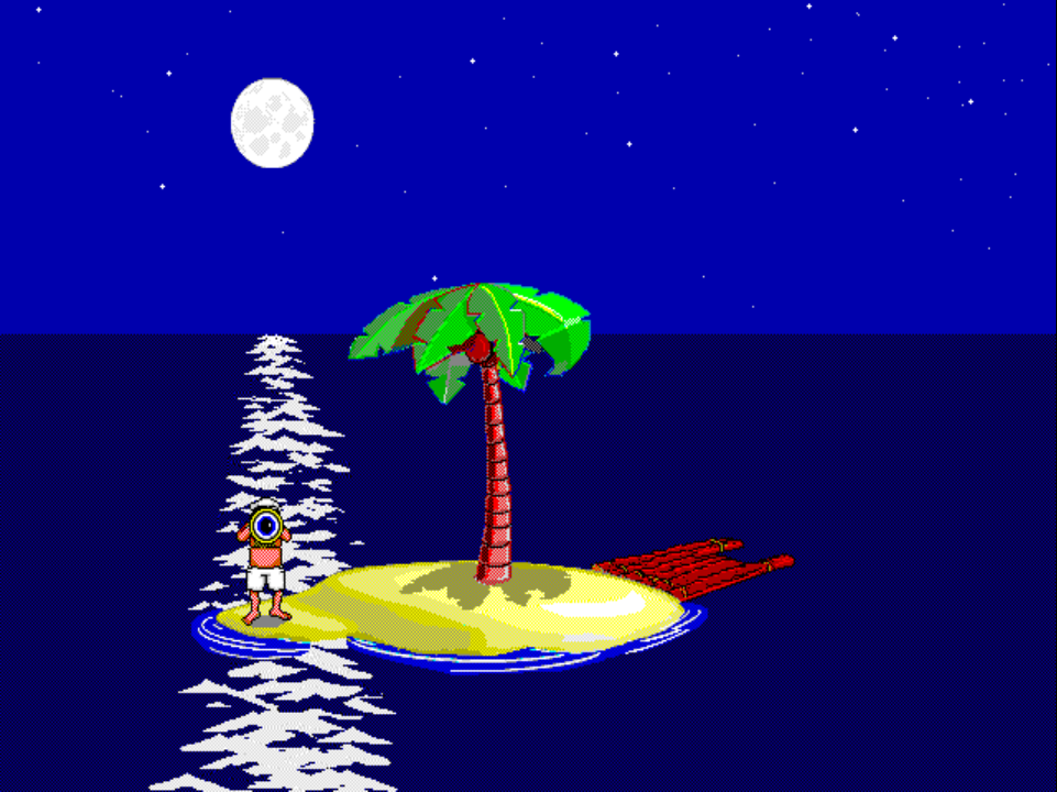 STAND 15 on PS1 at night: Johnny stands on the left edge of the island holding a spyglass to his eye, scanning the horizon.