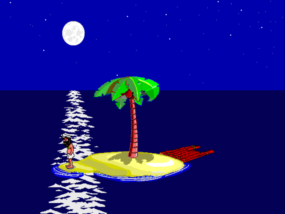 STAND 2 on PS1 at night: Johnny stands at the leftmost edge of the island in the pants-adjust idle pose, a short subtle stand-loop scene.