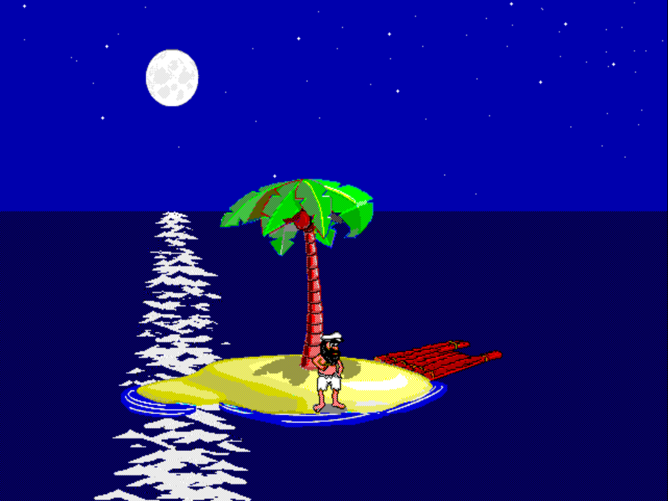 STAND 6 on PS1 at night: Johnny stands at the front of the island under the palm tree looking out over the moonlit ocean and scratching his head.