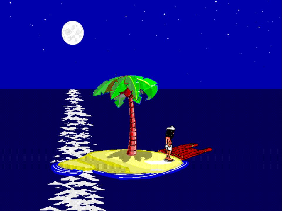 STAND 7 on PS1 at night: Johnny stands on the right side of the island under the palm tree, facing right and lifting his hat.