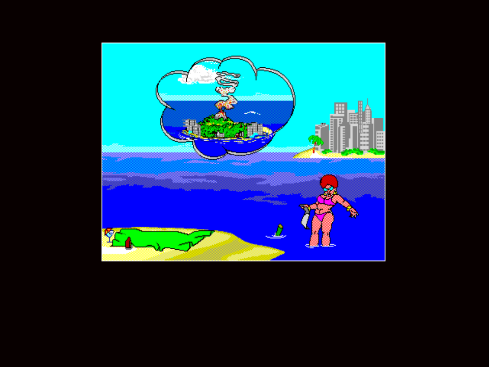 SUZY 1 on PS1: Suzy stands on a beach in front of a city skyline holding a letter from Johnny, a thought bubble above her head showing the island Johnny is castaway on.