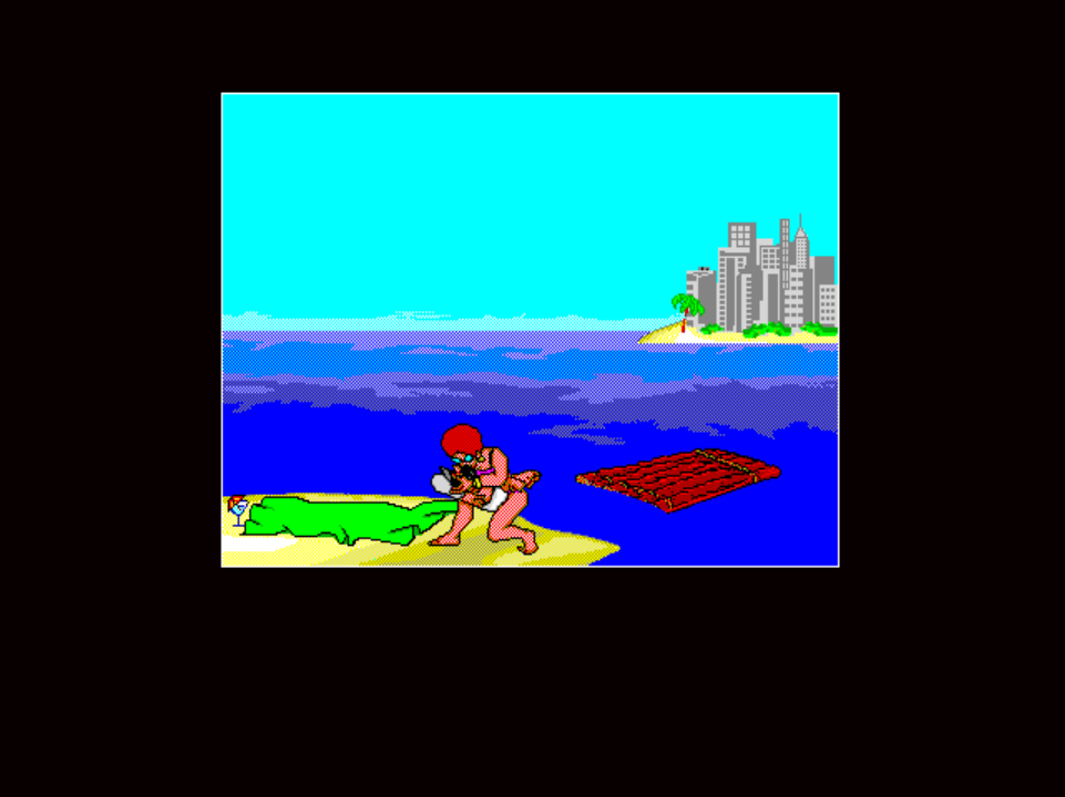 SUZY 2 on PS1: Suzy and Johnny embrace on the beach back home, his raft beached on the sand beside them, the city skyline behind.