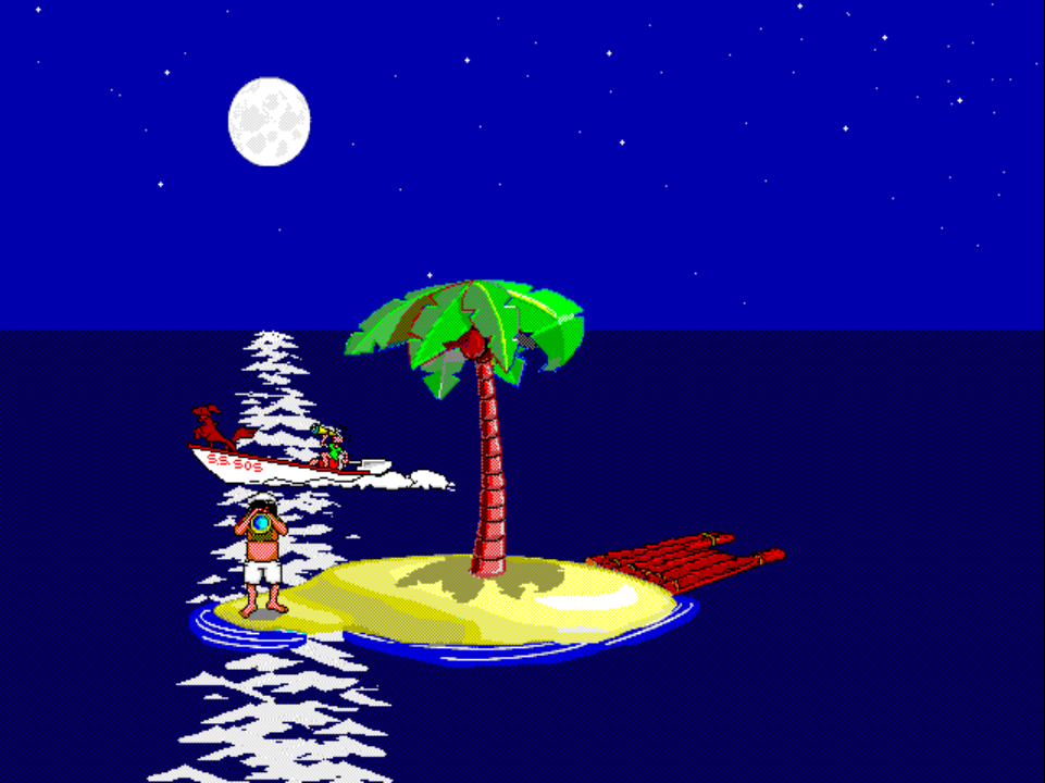 VISITOR 1 on PS1 at night: a red and white speedboat zips past on the upper-left of the frame while Johnny stands at the front of the island looking the other way.