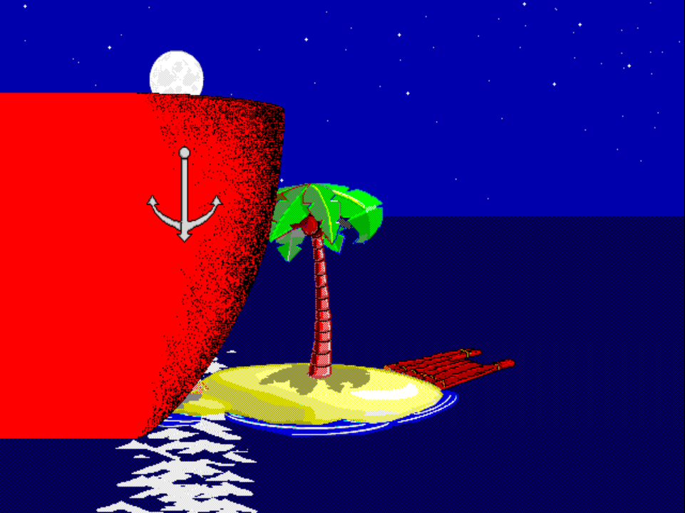 VISITOR 3 running on PS1: Johnny on the island waving down a passing boat. The perspective gag reveals the boat is much larger than it first appeared.