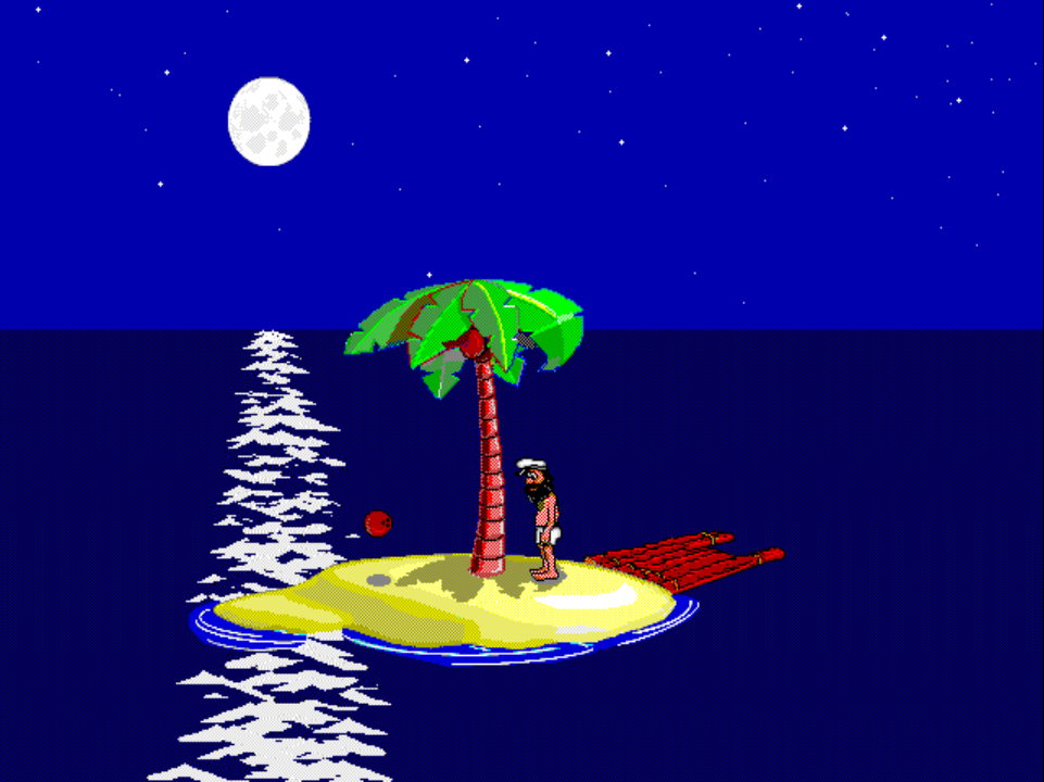 VISITOR 4 on PS1 at night: Johnny stands beside the palm tree, a freshly fallen coconut on the sand at his feet, about to roll right off the island into the ocean.