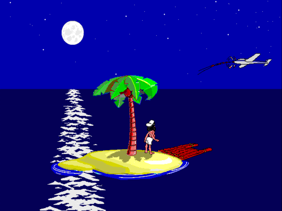 VISITOR 5 on PS1 at night: a small biplane approaches from the upper-right while Johnny stands under the palm tree on his raft.