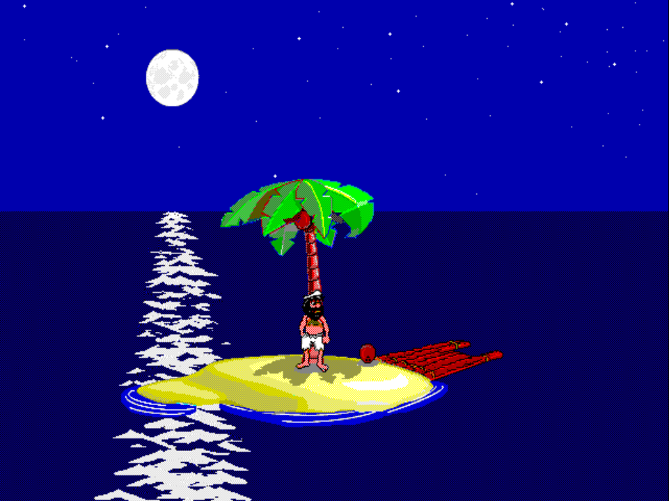 VISITOR 6 on PS1 at night: Johnny stands under the palm tree, a coconut on the sand to his right that he is about to pick up, crack on the trunk, and eat.
