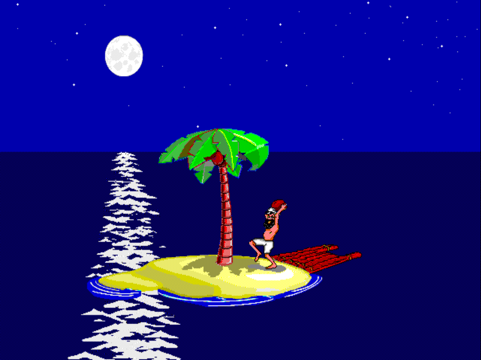 VISITOR 7 on PS1 at night: Johnny stands at the base of the palm tree cracking a coconut against the trunk, the no-shake variant of the VISITOR 6 coconut sequence.