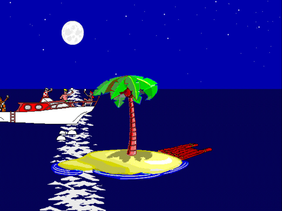WALKSTUF 1 on PS1 at night: a white yacht has pulled up next to the island with party-goers visible on its deck, the moon overhead and Johnny's island and palm tree on the right.