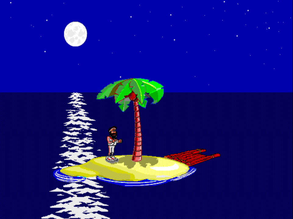 WALKSTUF 3 on PS1 at night: Johnny mid-stride on the left side of the island, jogging in front of the palm tree.