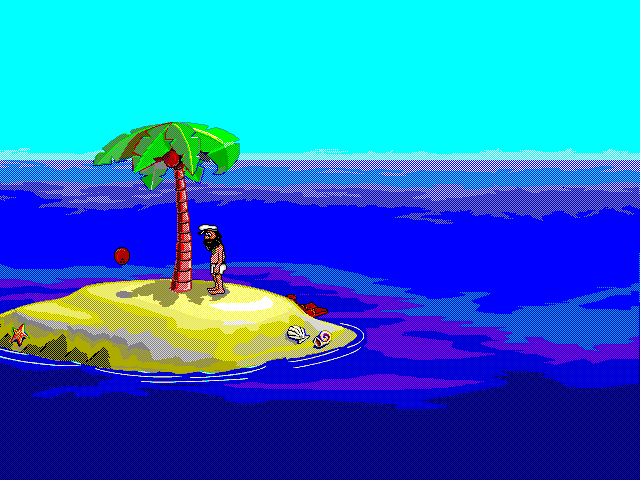 Johnny stands beneath the palm tree on his small island as bright waves move across the ocean