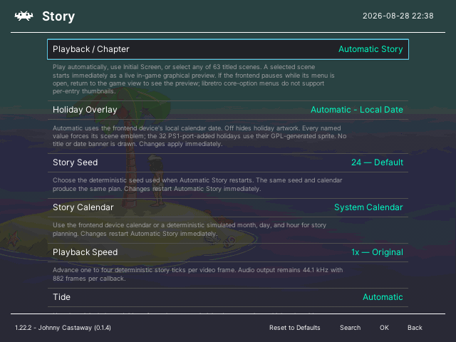 RetroArch Story options menu over the running island scene, showing chapter, holiday, seed, calendar, speed, tide, and raft controls