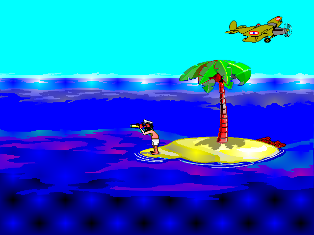 Johnny looks up from the island as a yellow propeller airplane flies overhead