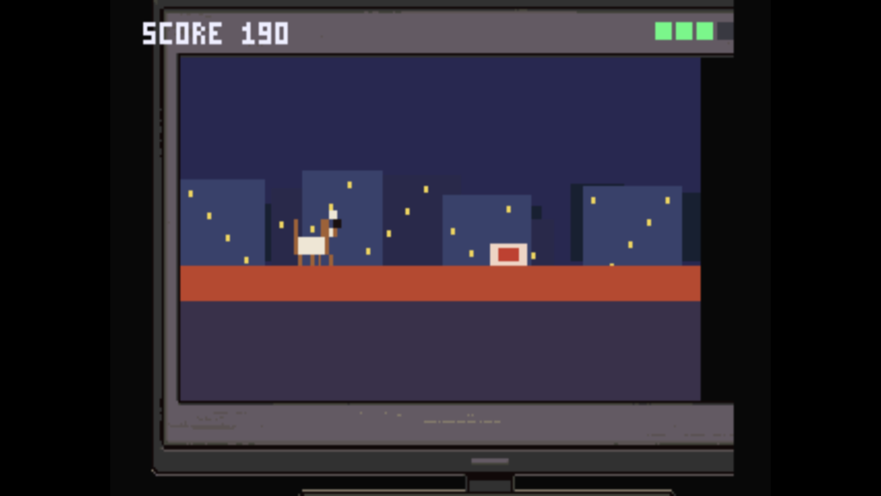 Zoomies gameplay inside an early-2000s flat-panel display